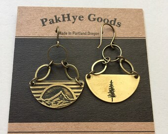 Mountain earrings-Half circle drop earrings, double-sided landscape jewelry