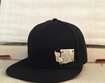 Washington hat with brass cutout/Cascade mountain range-snapback, sux-panel hat(black)