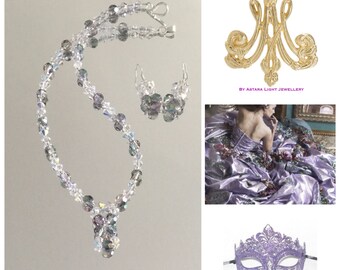 Masquerade Crystal Necklace & Earrings Set Blue Mauve Beads