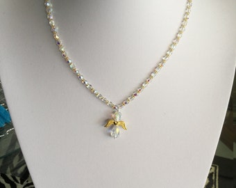 Crystal Angel Necklace Czech Fire Crystal Beads Gold tone Magnetic Clasp