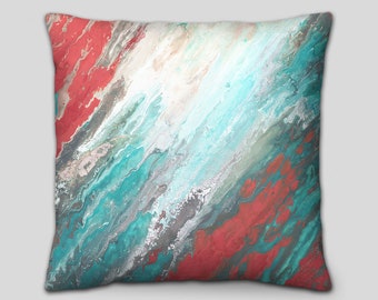 Coral and teal throw pillows + aqua gray turquoise - Large couch pillows set, Decorative pillow for bed, or sofa lumbar cover, coastal decor