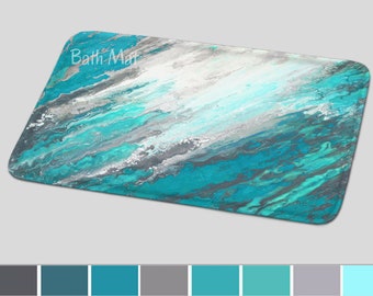 Gray and teal bath mat - Modern bathroom sets, rug mats and/or fabric shower curtain - Contemporary abstract turquoise & teal bathroom decor