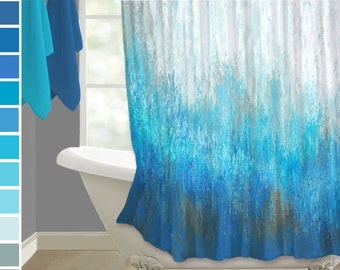 Abstract brown, aqua, gray & navy blue shower curtain for modern guest or master bathroom decor - shower stall