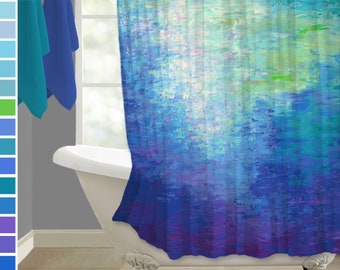 Colorful shower curtain, Modern blue purple & green abstract fabric shower stall bathroom decor
