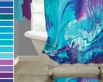 Aqua blue and purple shower curtain and bath rug sets - Colorful abstract fabric includes turquoise teal pink & plum - Modern bathroom decor