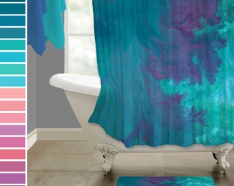 Abstract turquoise purple and teal shower curtain & bath mat sets, Contemporary fabric shower stall curtain and rug - Master bathroom decor