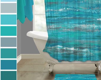 Aqua gray and teal shower curtain & bath mat sets, Modern abstract fabric for turquoise or blue master bathroom shower stall decor + rug