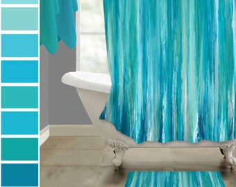 Teal shower curtain & bath mat set, Abstract fabric, Modern master bathroom decor - blue green aqua + white shower stall