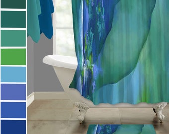 Teal shower curtain and bath mat set, Abstract fabric shower stall + rug for blue & green bathroom decor in modern master or guest bath