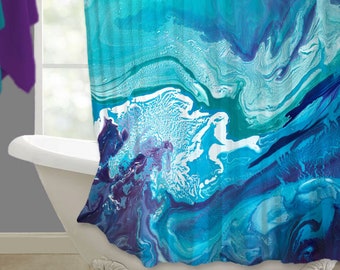 Teal navy turquoise and purple shower curtain - Colorful abstract fabric - Modern blue bathroom decor