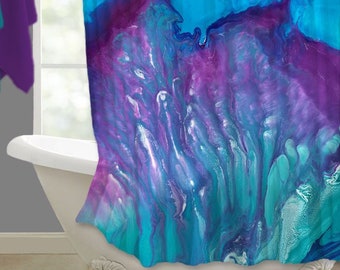 Abstract teal, turquoise, aqua, pink, plum & purple shower curtain - Colorful fabric shower stall decor for modern girl's bathroom