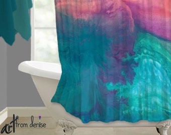Colorful fabric shower curtain & bath mat rug sets, Abstract coral purple turquoise and teal bathroom sets, Contemporary bathroom decor
