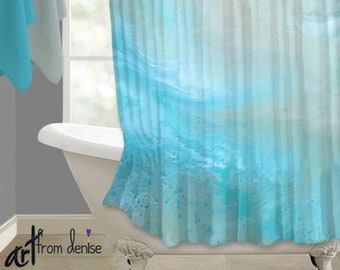 Blue fabric shower curtain, Aqua beige master bathroom decor, Modern coastal beach style, Contemporary shower stall curtain