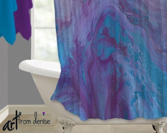 Plum blue and purple shower curtain featuring modern contemporary abstract art for master bathroom decor, Fabric shower stall