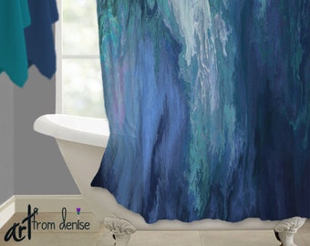 Teal and navy blue shower curtain, Master bathroom decor or guest bath, Contemporary abstract fabric