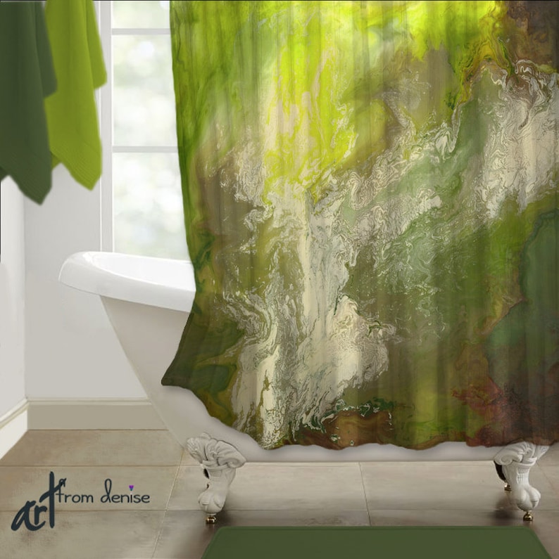 Modern Green Shower Curtain Abstract Brown Chartreuse Lime Etsy