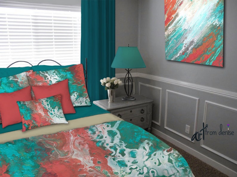 Teal And C Duvet Cover Or Bedding Set Abstract Aqua Peach Turquoise Seafoam Green Red Dorm Room Bedroom Decor Queen King Twin - Turquoise And Peach Bedding Teal And C Duvet Cover Or Bedding Set Abstract Aqua Peach Turquoise Seafoam Green Red Dorm Room Bedroom Decor Queen King Twin - Turquoise And Peach Bedding