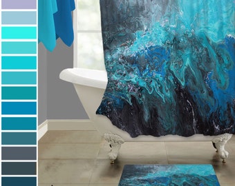 Gray, aqua, black and blue shower curtain, Modern abstract fabric shower stall decor in master or guest bath - bachelor pad