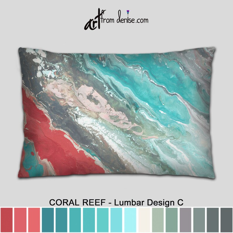 Teal and Coral Throw Pillows Large Back Support Lumbar Pillow Etsy