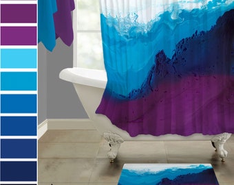 Colorful shower curtain and bath mat set, Modern blue purple plum & white abstract fabric shower stall + rug - master bathroom decor