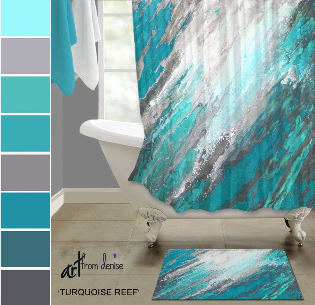 Gray and Teal Shower Curtain and Bath Rug Sets, Modern Turquoise Aqua