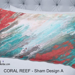 Gray teal and coral pillow shams, King or standard, Large decorative pillows for bed decor or sofa couch, Red turquoise aqua image 2