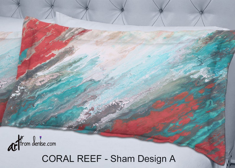 Gray teal and coral pillow shams, King or standard, Large decorative pillows for bed decor or sofa couch, Red turquoise aqua image 2