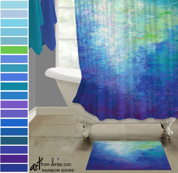 Colorful Shower Curtain And Bath Mat Set Modern Blue Purple Etsy