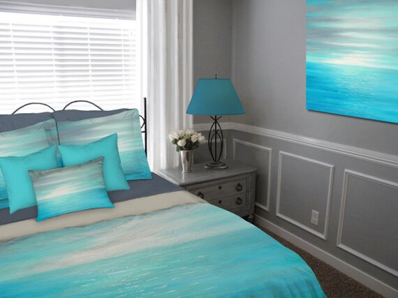 Aqua Gray Teal Blue Duvet Cover Twin Xl King Or Queen Coastal Bedding Set Turquoise Blue Dorm Room Or Master Bedroom Beach Decor