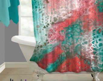 Teal coral gray, Abstract Shower curtain art, Aqua seafoam green, Bathroom decor, High Quality, Upscale Home decor, Designer bath, Master