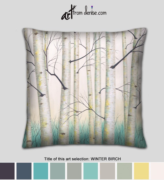 Aqua Teal and Yellow Throw Pillows Birch Tree Accent Decorative Pillow for Bed  Decor, Large Couch Pillows Set or Outdoor Sofa Cushions 