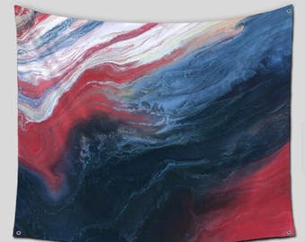 Red white & blue wall tapestry hanging, Abstract art backdrop or outdoor room divider, Eclectic decor hippie tapestries