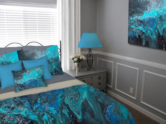 Abstract Gray Black And Blue Duvet Cover Teal Turquoise Etsy