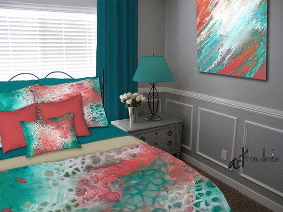 Abstract Pillow Shams Teal Coral Gray Home Decor Aqua Seafoam Green Decorative Art Bedroom Decor Designer Bedding Upscale Artisan