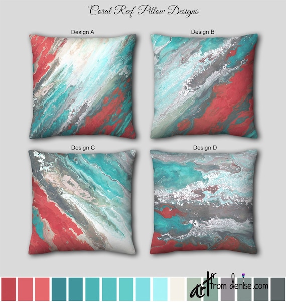 Gray Coral and Teal Throw Pillow Large Couch Pillow or Set for Bed Decor,  Lumbar Sofa Cushion or Cover, Aqua Blue, Red & Turquoise -  Hong Kong