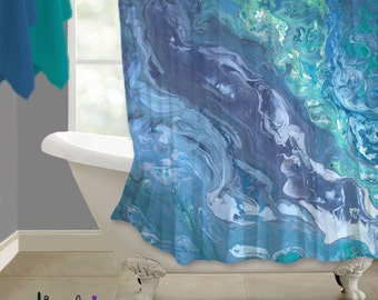 Modern abstract gray and teal shower curtain, Aqua turquoise blue contemporary guest bath or master bathroom decor