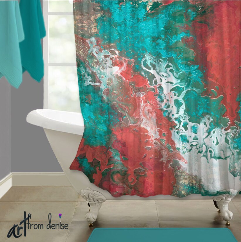 Aqua White C And Teal Shower Curtain Abstract Fabric Teal Shower Curtain Abstract Fabric, Turquoise Aqua Shower Curtains