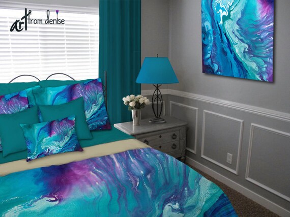 Abstract Teal Blue And Purple Duvet Cover Twin Xl King Or Abstract Teal Blue And Purple Duvet