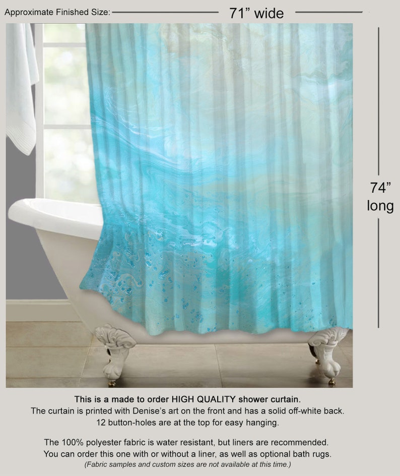 Teal blue fabric shower curtain bath rug sets, Aqua and tan abstract art, Contemporary shower stall & bath mat, Modern bathroom decor image 2