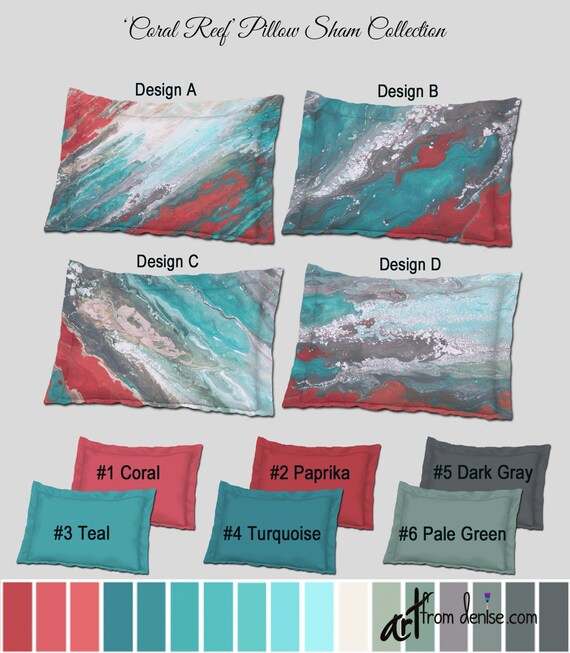 Gray Teal and Coral Pillow Shams, King or Standard, Large Decorative Pillows  for Bed Decor or Sofa Couch, Red Turquoise Aqua 