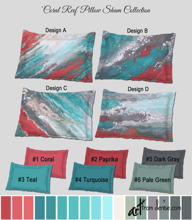 Gray teal and coral pillow shams, King or standard, Large decorative pillows for bed decor or sofa couch, Red turquoise aqua image 1