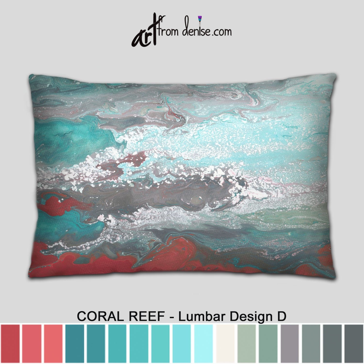 Large Lumbar Support Pillow Gray Turquoise And Red Throw Etsy