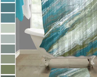 Olive & turquoise shower curtain, Blue and green coastal beach decor, Abstract fabric, Contemporary bathroom