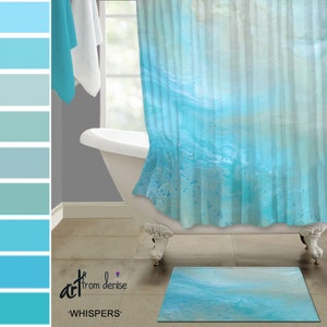 Teal blue fabric shower curtain bath rug sets, Aqua and tan abstract art, Contemporary shower stall & bath mat, Modern bathroom decor image 1