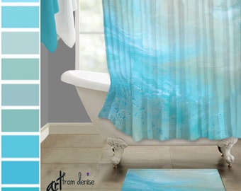 Teal blue fabric shower curtain bath rug sets, Aqua and tan abstract art, Contemporary shower stall & bath mat, Modern bathroom decor