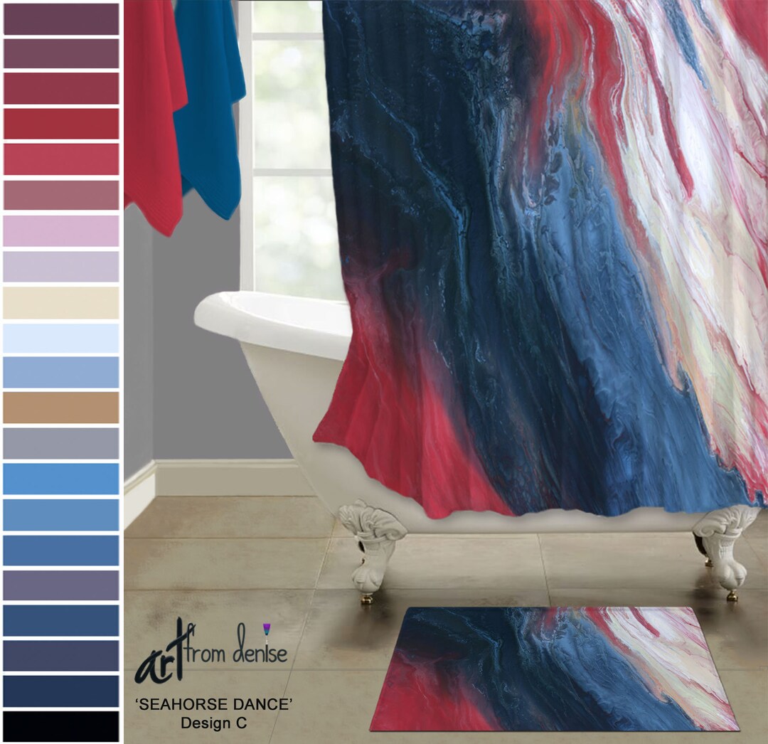 Abstract Red White and Navy Blue Shower Curtain & Bath Mat Sets, Modern