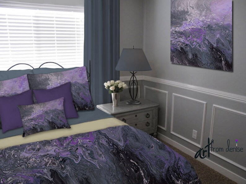 Black Gray And Purple Duvet Cover Contemporary Abstract Twin King Or Queen Bedding Set For Dorm Room Master Bedroom Decor