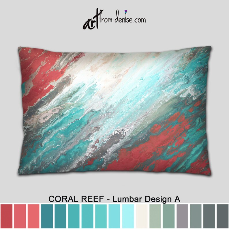 Teal and Coral Throw Pillows Large Back Support Lumbar Pillow Etsy