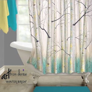 Bathroom Shower Curtain, Blue Yellow bathroom decor, Birch tree art nature theme, Aqua teal grey, Master bath decor, High quality fabric image 1