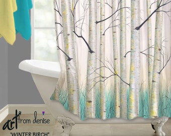 Bathroom Shower Curtain, Blue Yellow bathroom decor, Birch tree art nature theme, Aqua teal grey, Master bath decor, High quality fabric